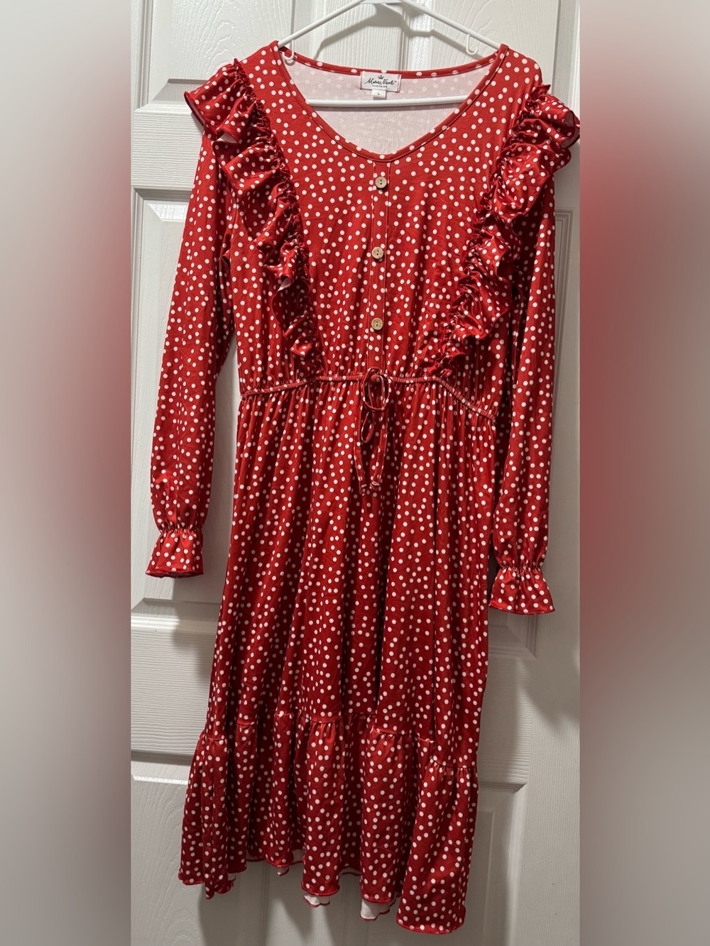 2/$25 Red Polka Dot Cottagecore Ruffle Tie-Waist Midi Dress